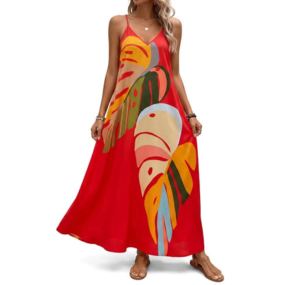 Abstract Leaf Print Slip Maxi Dress