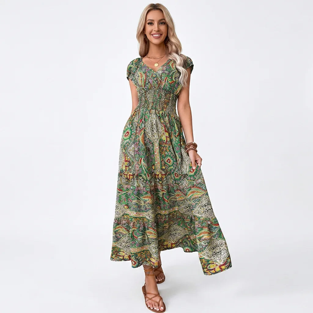 Printed Smocked V-Neck Tiered Maxi Dress