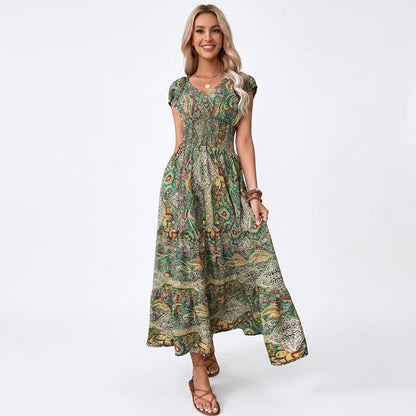 Printed Smocked V-Neck Tiered Maxi Dress