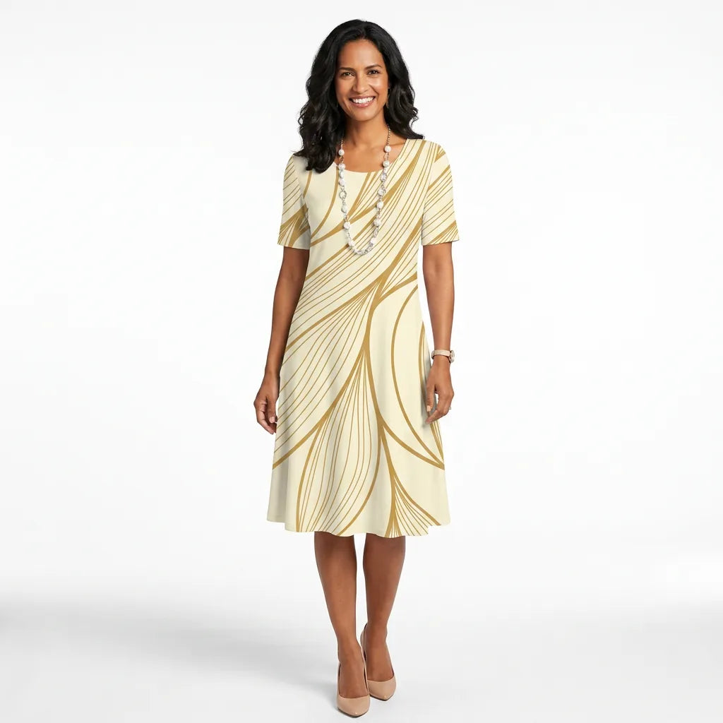 Printed O-Neck Shift Midi Dress