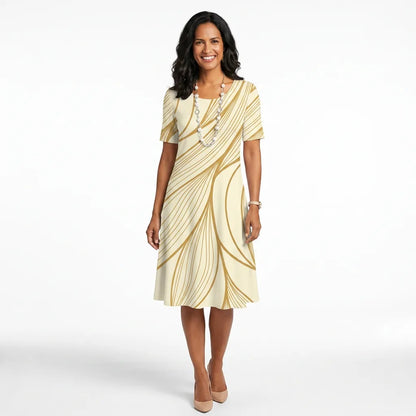 Printed O-Neck Shift Midi Dress