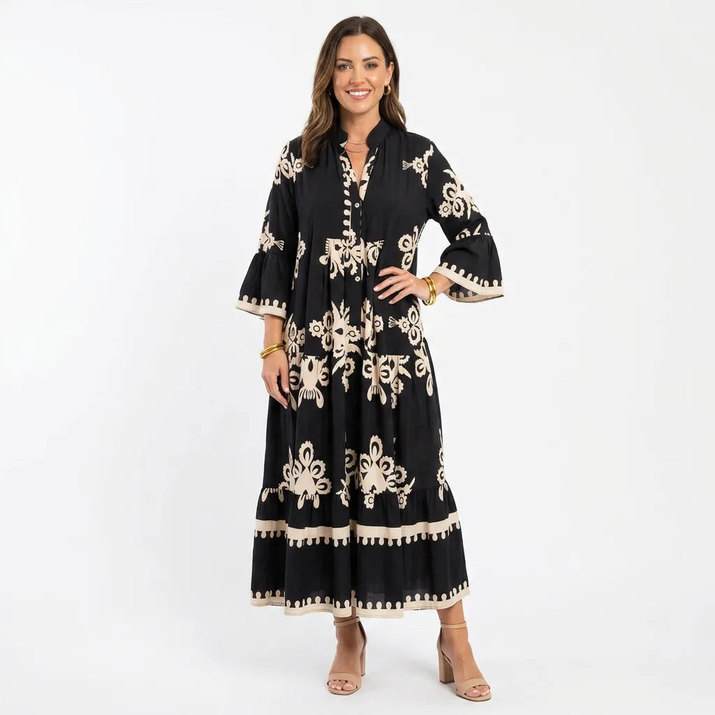 Embroidered Boho Maxi Dress with Three-Quarter Sleeves