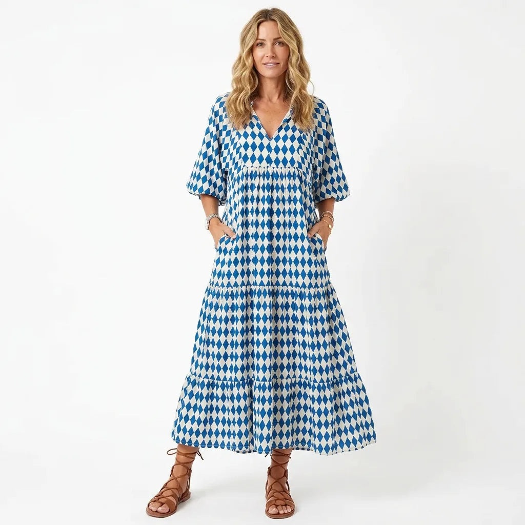 Printed Puff Sleeve Tiered Maxi Dress