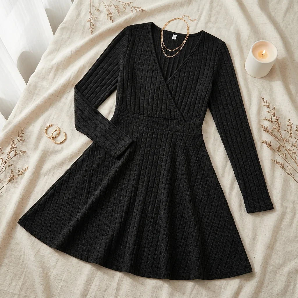 Ribbed Knit Wrap V-Neck Fit & Flare Dress