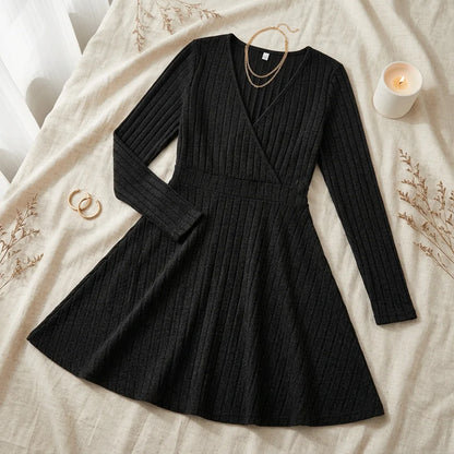 Ribbed Knit Wrap V-Neck Fit & Flare Dress