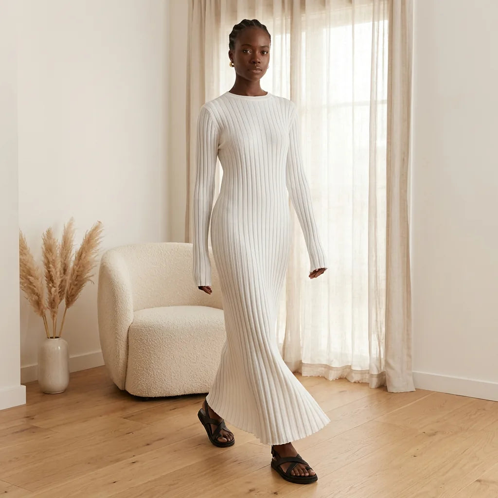 Ribbed Knit Round Neck Long Sleeve Maxi Dress