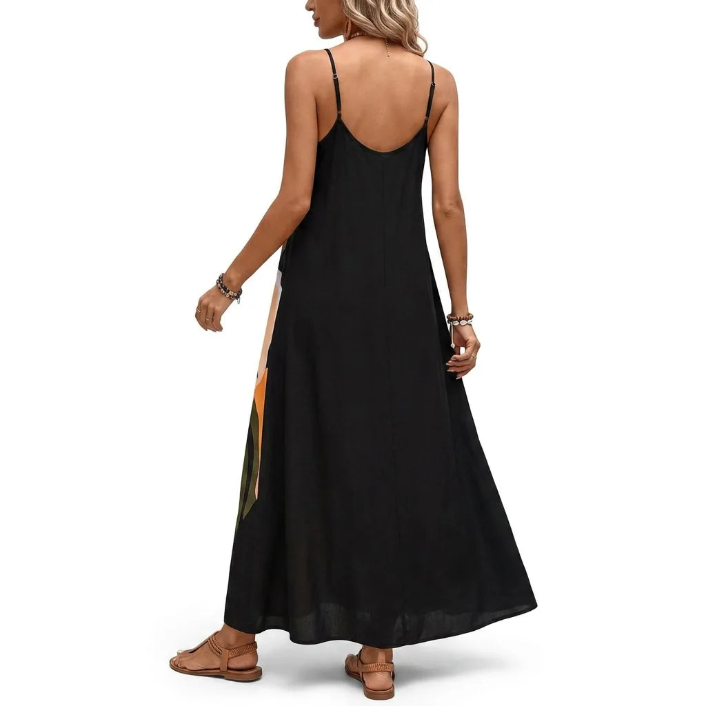 Abstract Leaf Print Slip Maxi Dress