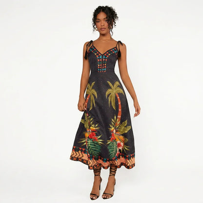 Palm Print Tie-Shoulder Maxi Dress