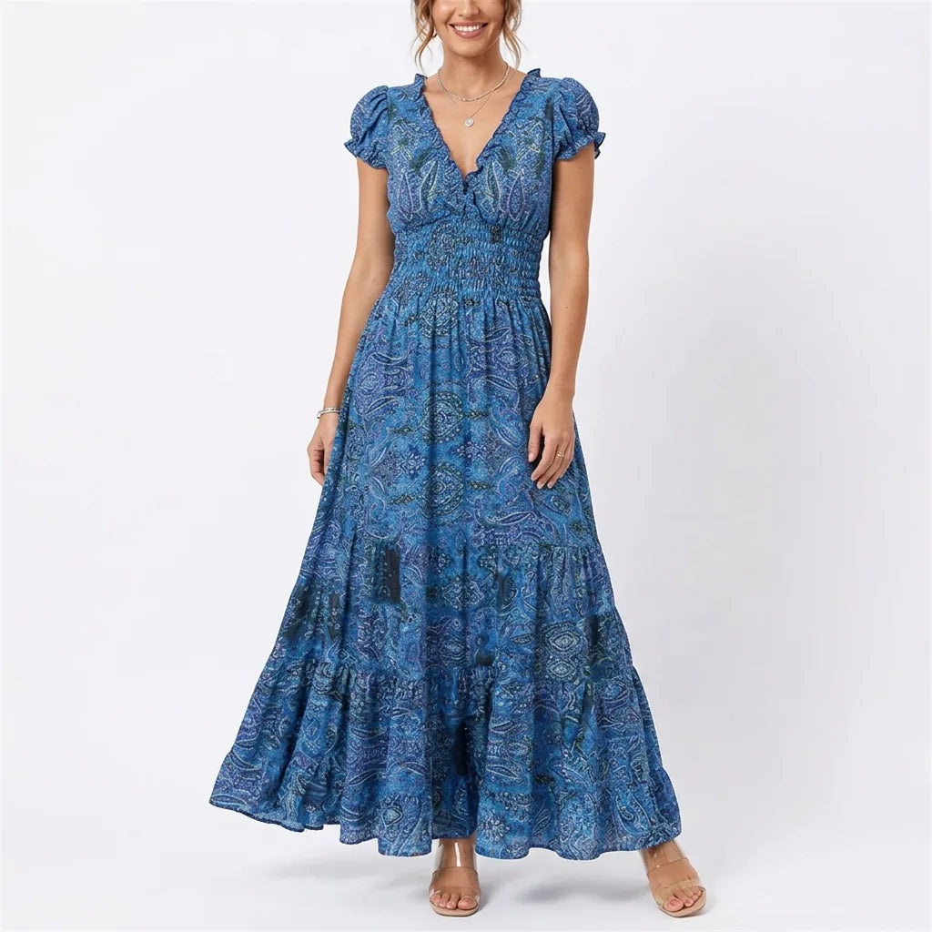 Printed Smocked V-Neck Tiered Maxi Dress