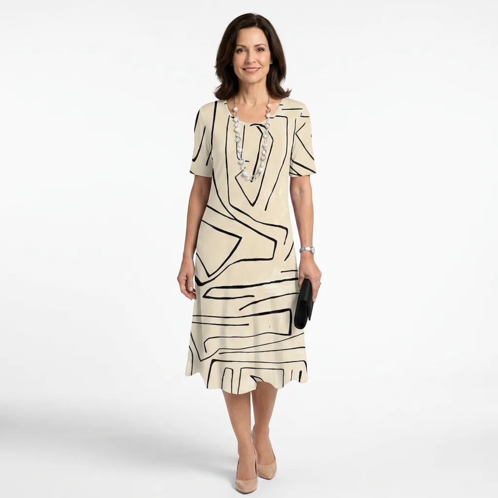 Printed O-Neck Shift Midi Dress