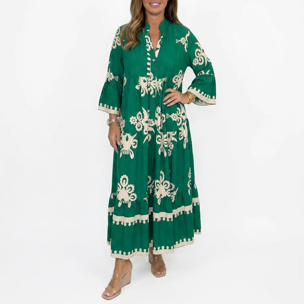 Embroidered Boho Maxi Dress with Three-Quarter Sleeves