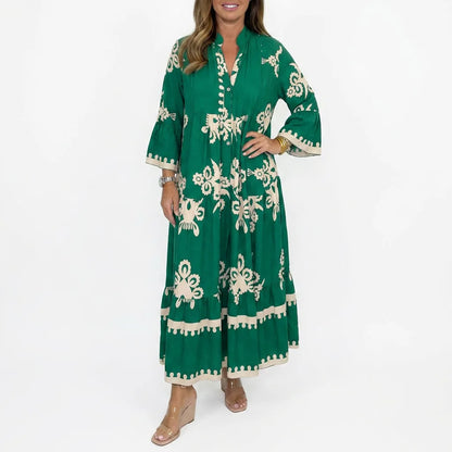Embroidered Boho Maxi Dress with Three-Quarter Sleeves