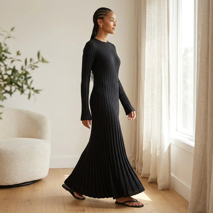 Ribbed Knit Round Neck Long Sleeve Maxi Dress