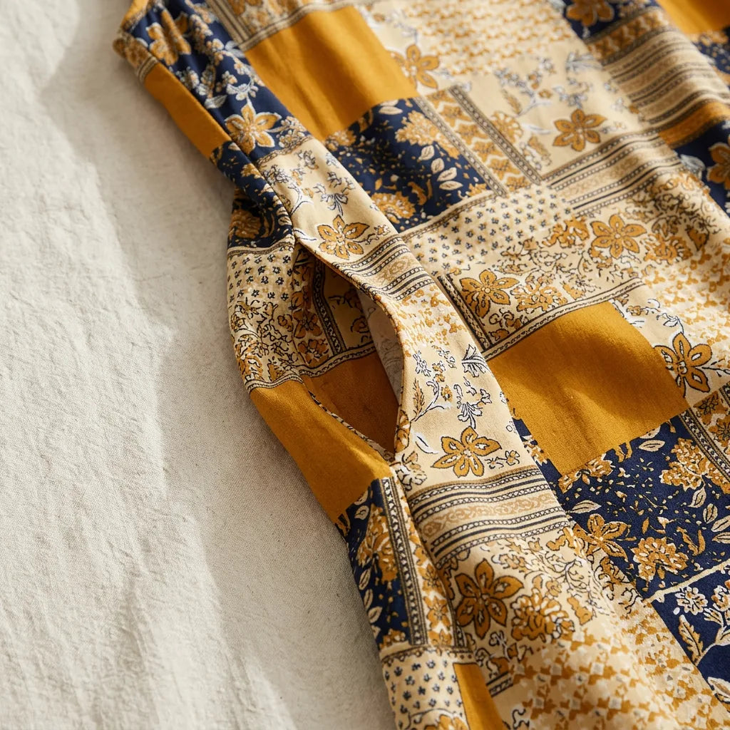 Patchwork Print Sleeveless Maxi Dress with Pockets