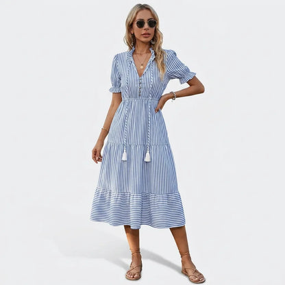 Striped Button-Front Tiered Midi Dress
