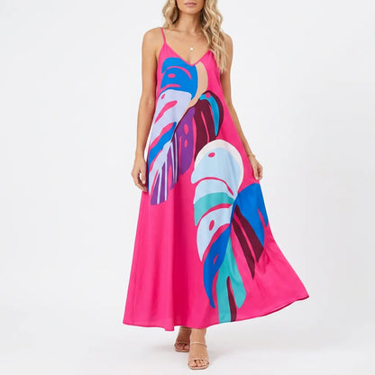 Abstract Leaf Print Slip Maxi Dress