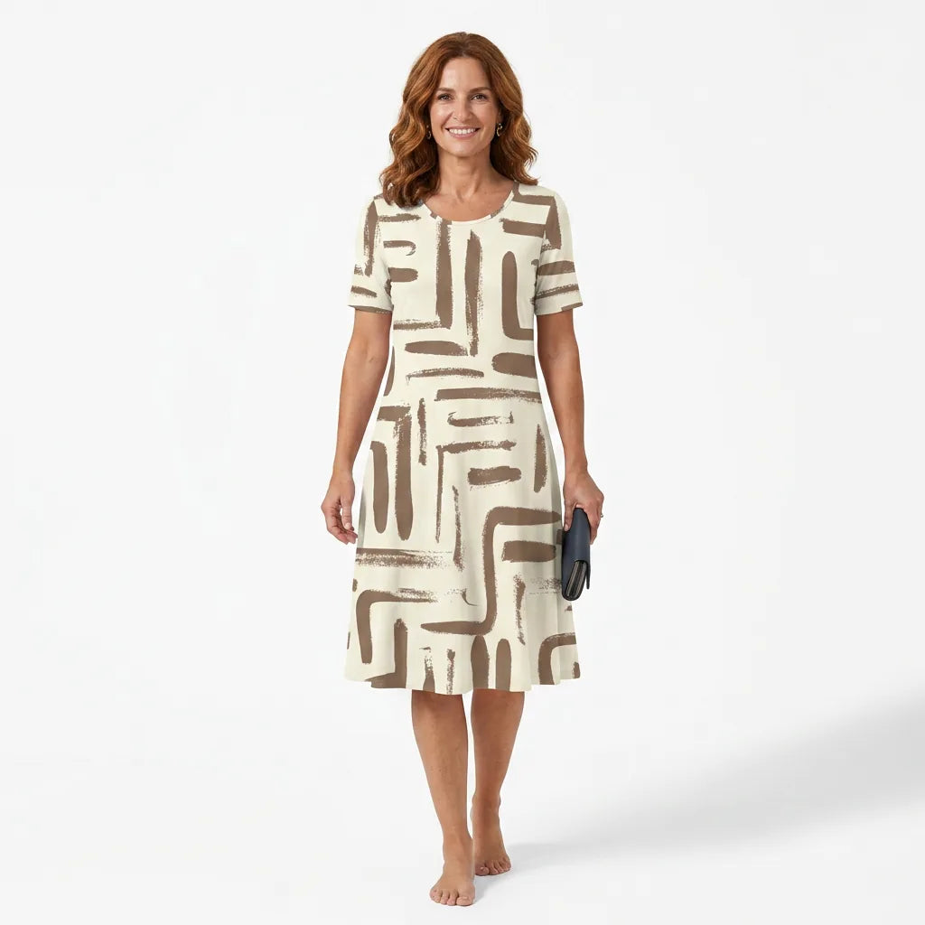 Printed O-Neck Shift Midi Dress