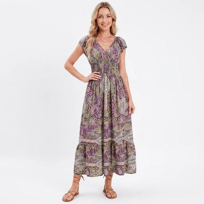 Printed Smocked V-Neck Tiered Maxi Dress