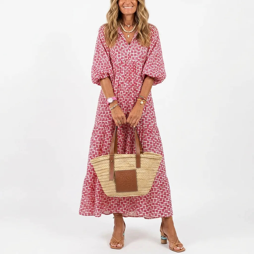 Printed Puff Sleeve Tiered Maxi Dress