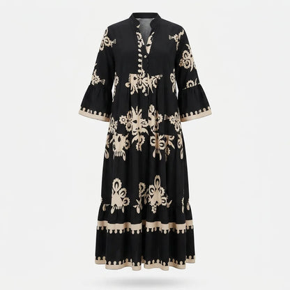 Embroidered Boho Maxi Dress with Three-Quarter Sleeves