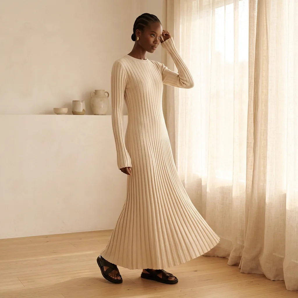 Ribbed Knit Round Neck Long Sleeve Maxi Dress