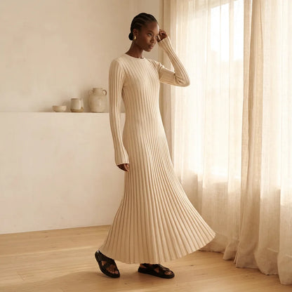 Ribbed Knit Round Neck Long Sleeve Maxi Dress