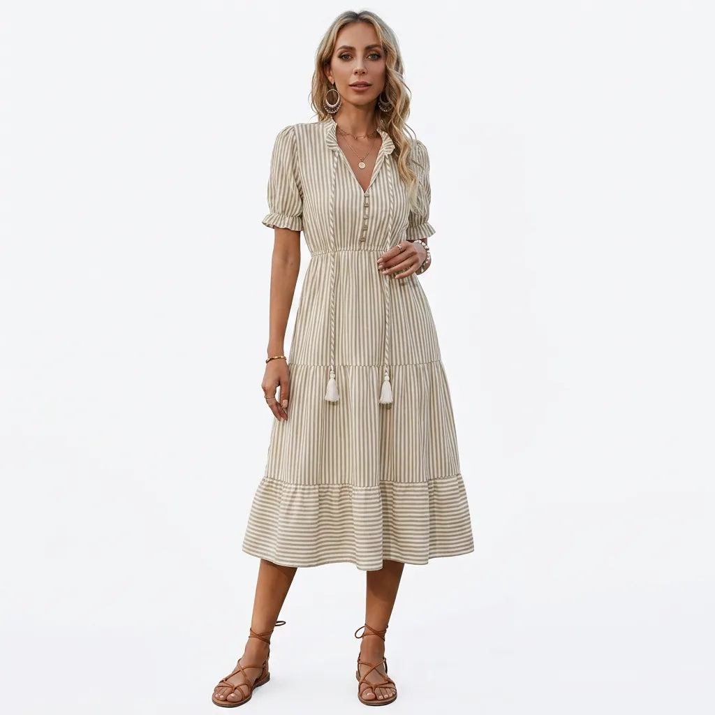 Striped Button-Front Tiered Midi Dress