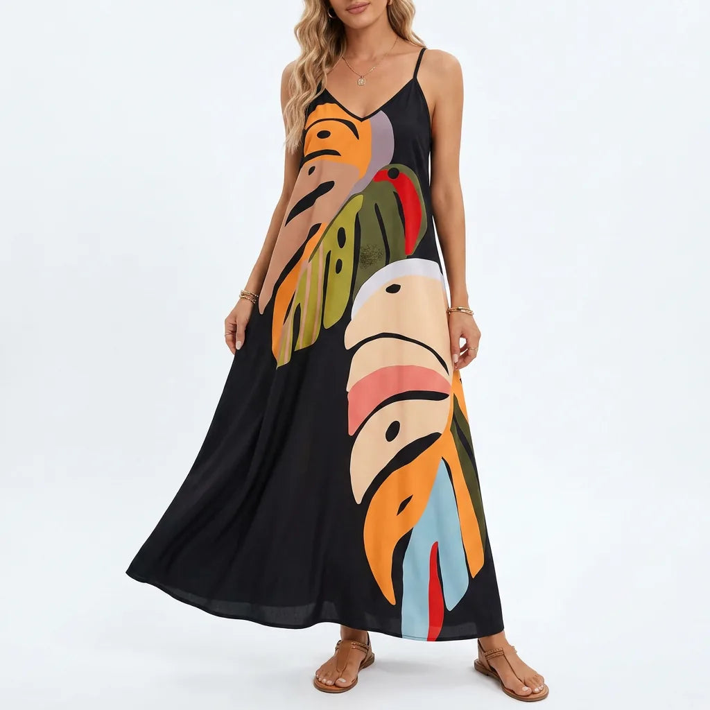 Abstract Leaf Print Slip Maxi Dress