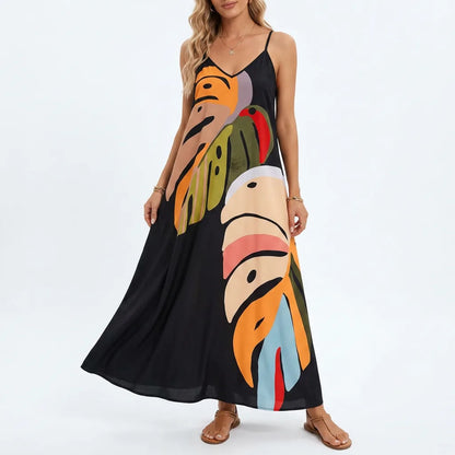 Abstract Leaf Print Slip Maxi Dress