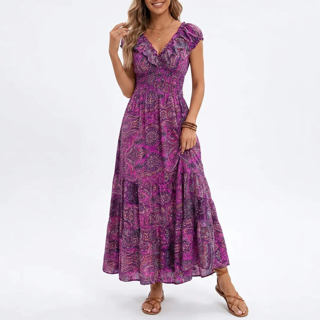 Printed Smocked V-Neck Tiered Maxi Dress