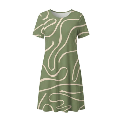 Printed O-Neck Shift Midi Dress