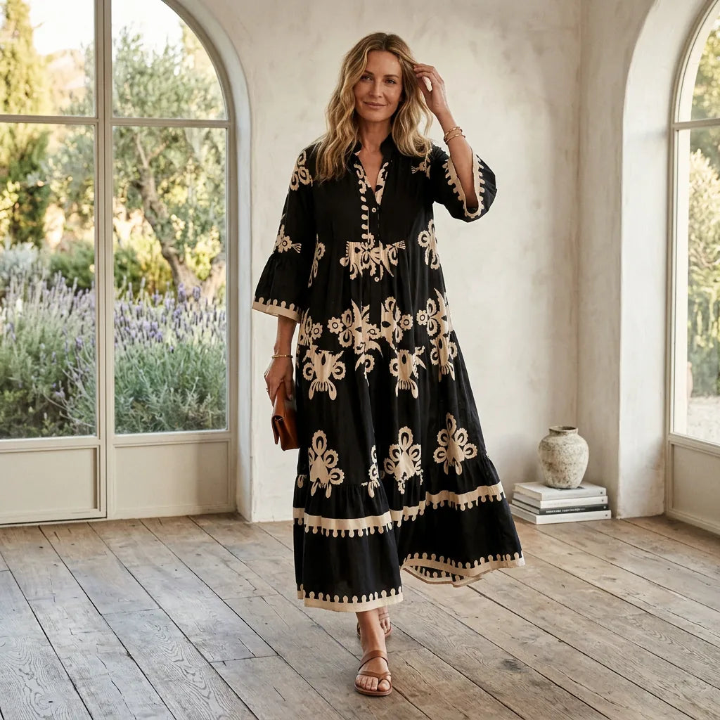Embroidered Boho Maxi Dress with Three-Quarter Sleeves