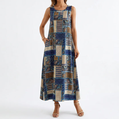 Patchwork Print Sleeveless Maxi Dress with Pockets