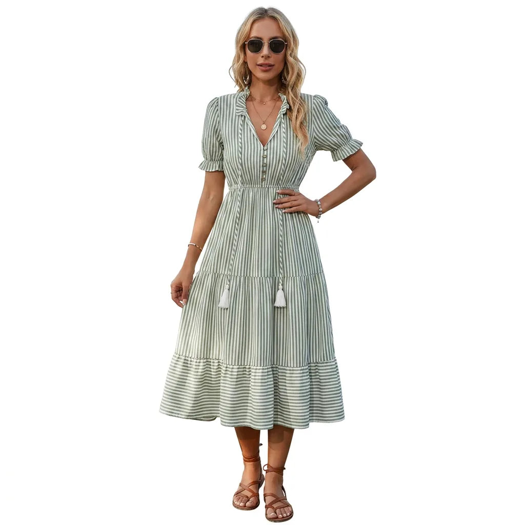 Striped Button-Front Tiered Midi Dress