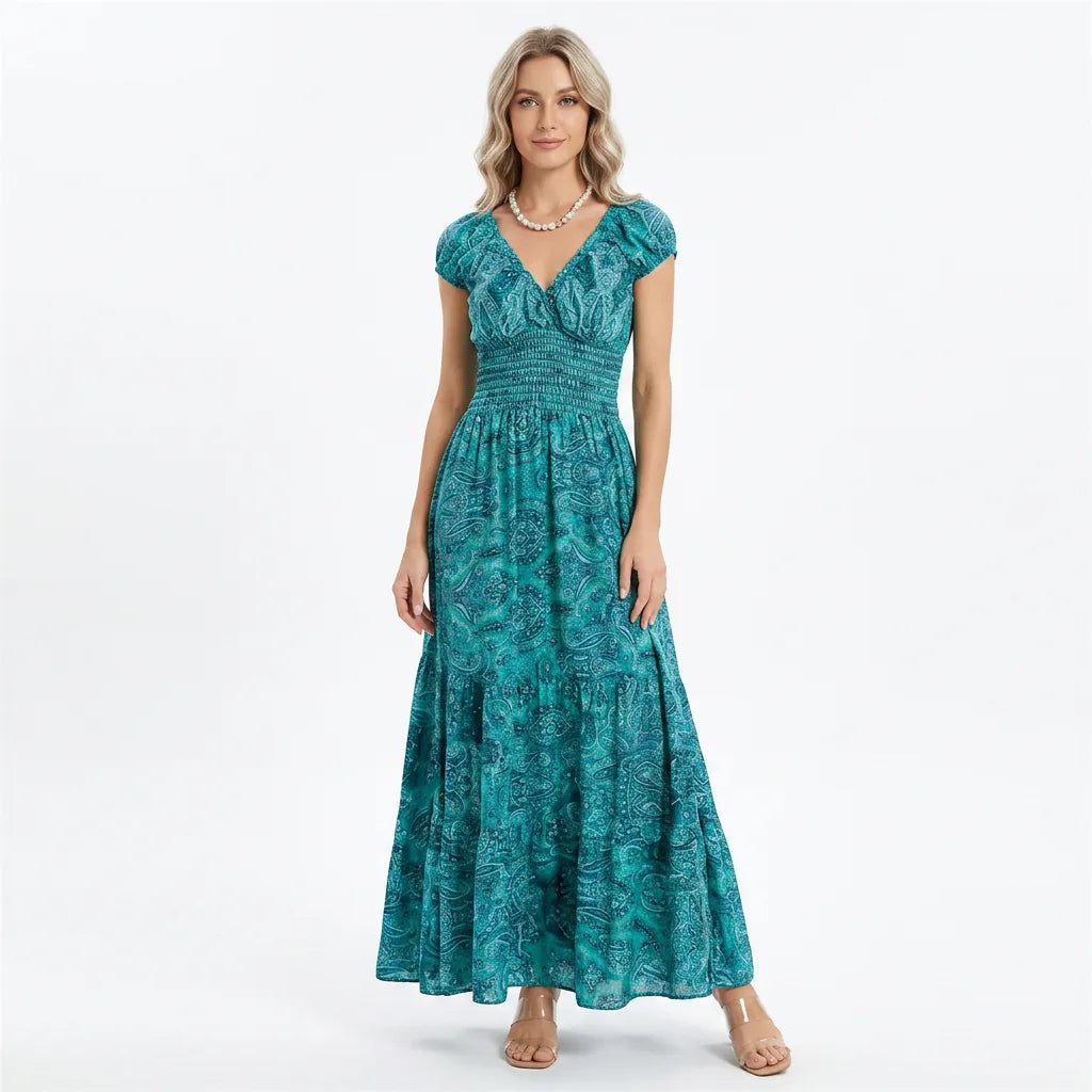 Printed Smocked V-Neck Tiered Maxi Dress