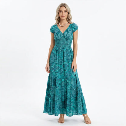 Printed Smocked V-Neck Tiered Maxi Dress