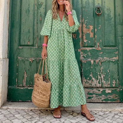 Printed Puff Sleeve Tiered Maxi Dress