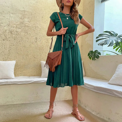 Pleated Tie-Waist Midi Dress