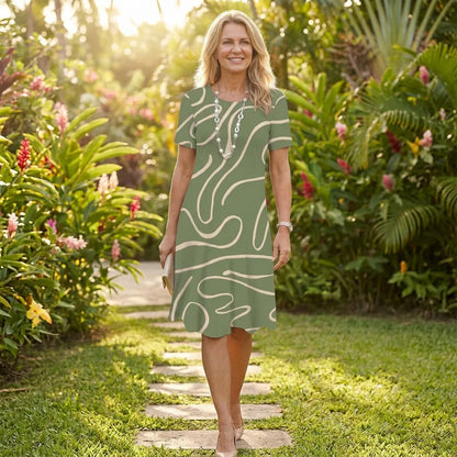 Printed O-Neck Shift Midi Dress