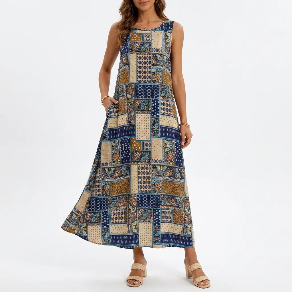 Patchwork Print Sleeveless Maxi Dress with Pockets