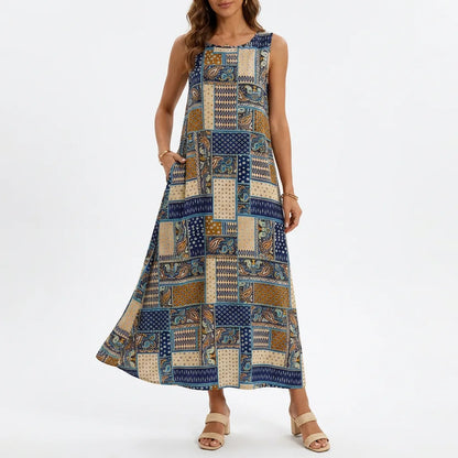 Patchwork Print Sleeveless Maxi Dress with Pockets