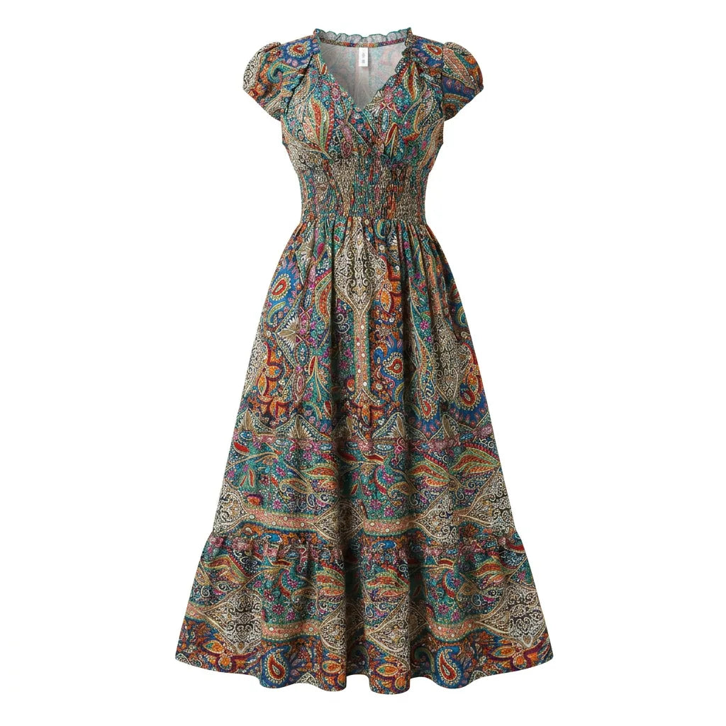 Printed Smocked V-Neck Tiered Maxi Dress