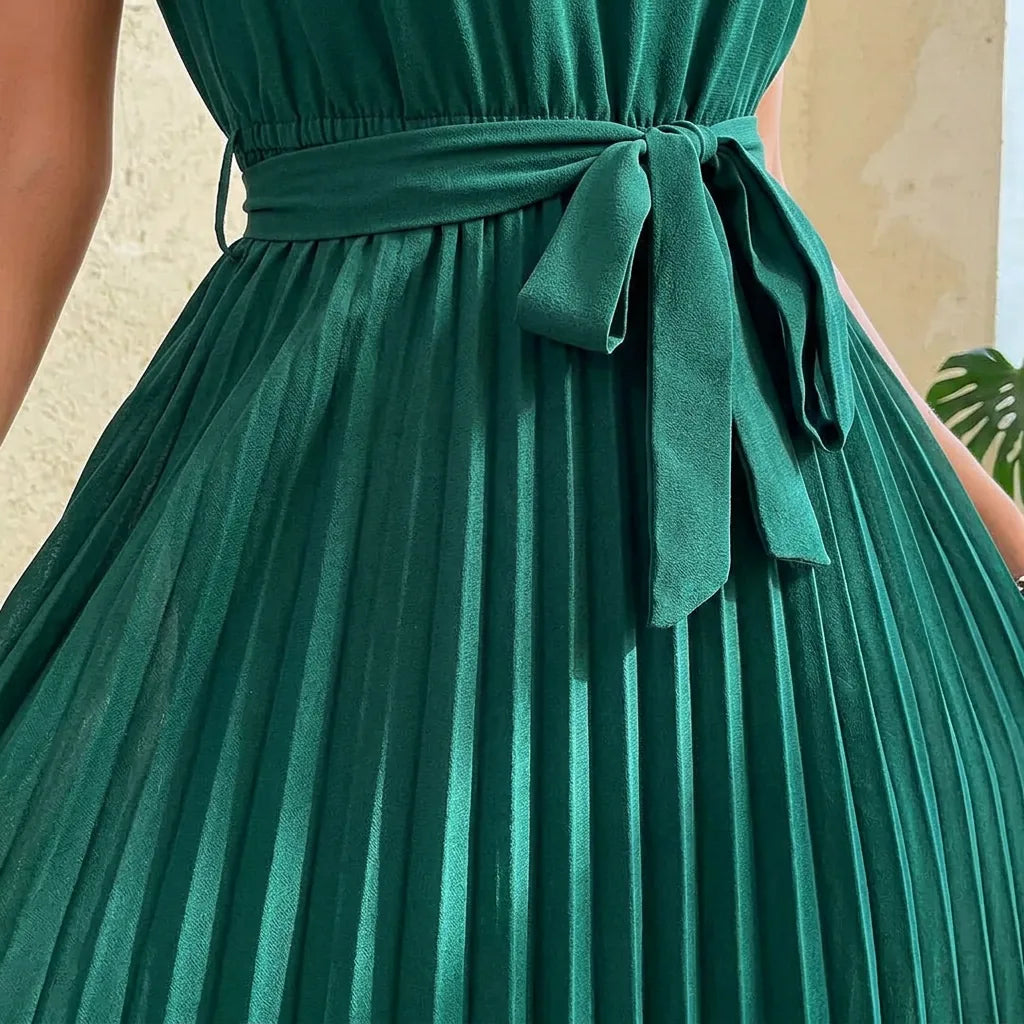 Pleated Tie-Waist Midi Dress