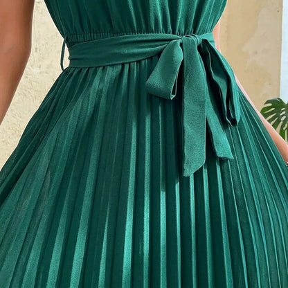 Pleated Tie-Waist Midi Dress