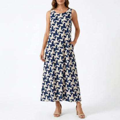 Patchwork Print Sleeveless Maxi Dress with Pockets