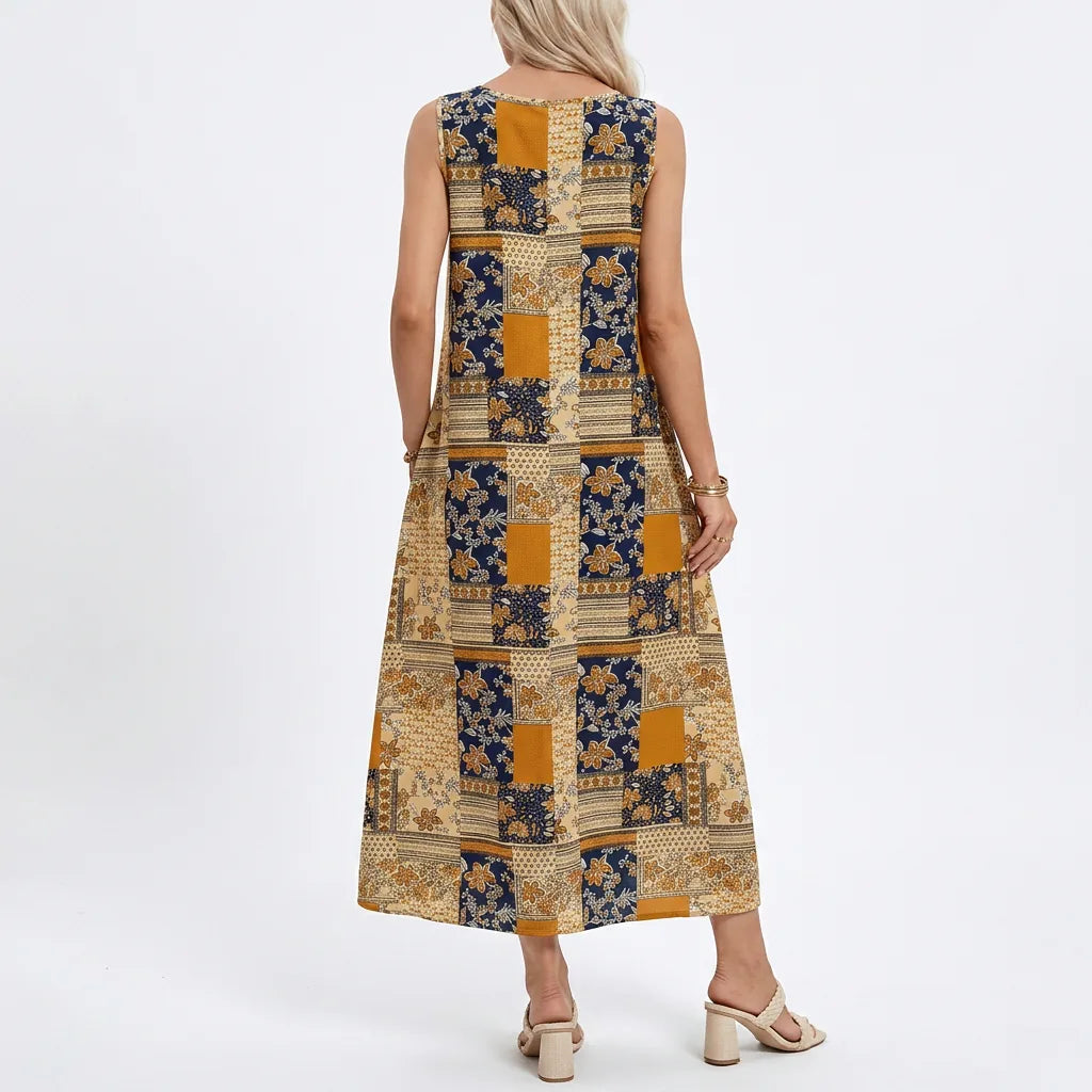 Patchwork Print Sleeveless Maxi Dress with Pockets