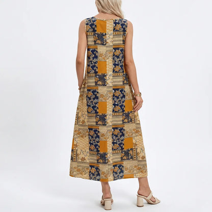 Patchwork Print Sleeveless Maxi Dress with Pockets