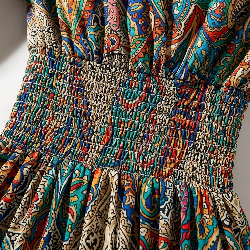 Printed Smocked V-Neck Tiered Maxi Dress
