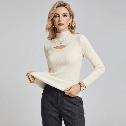 Ribbed Mock Neck Sweater with Cut-Out Detail
