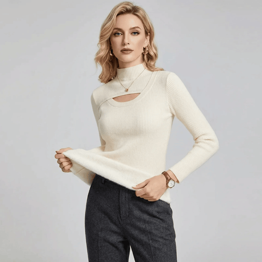 Ribbed Mock Neck Sweater with Cut-Out Detail